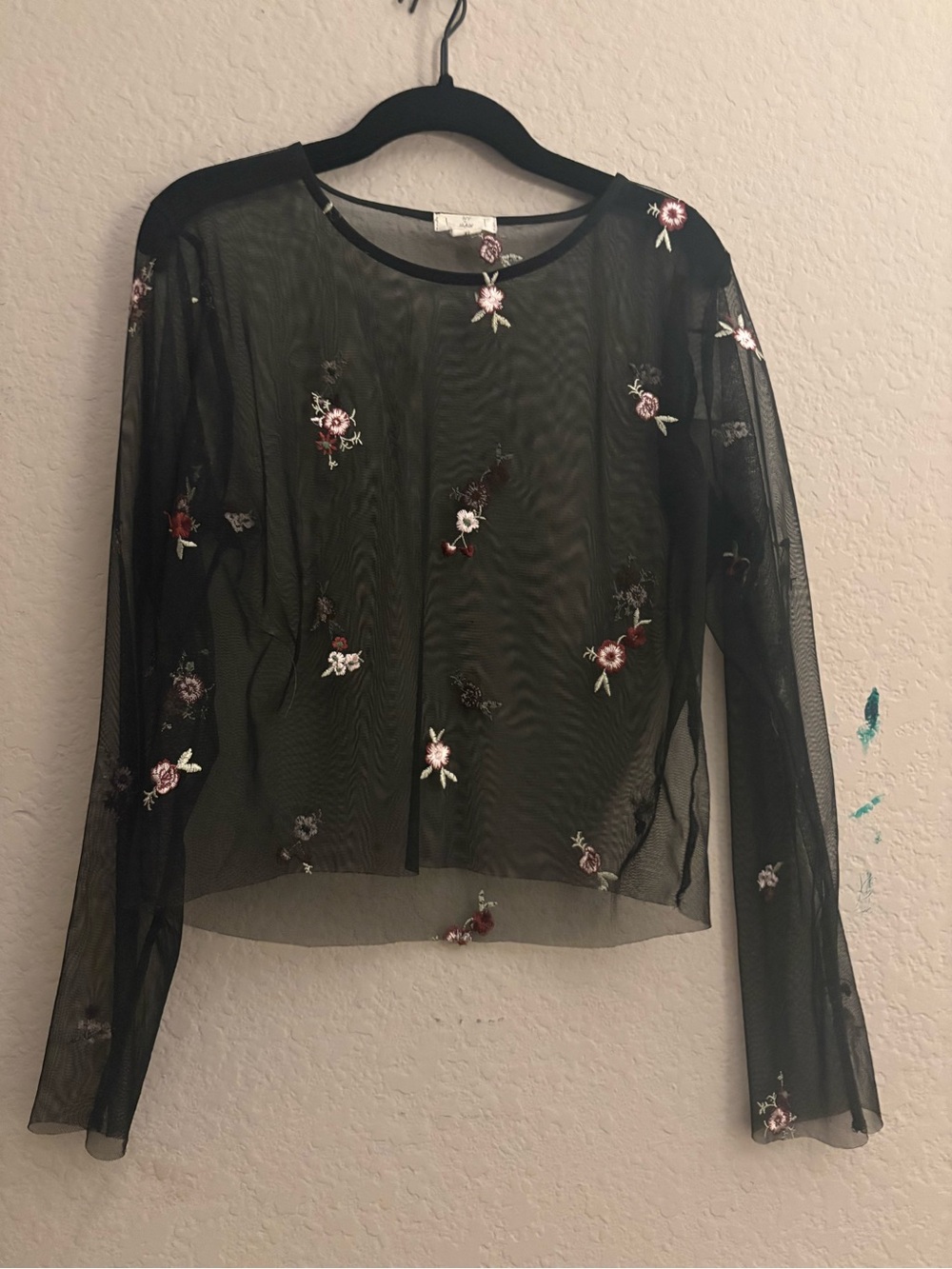 Sheer Black Embroidered Floral Long-Sleeve Top